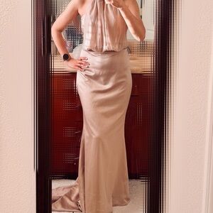 Elegant Blush Pink High-Low Formal Gown – Rhinestone Collar